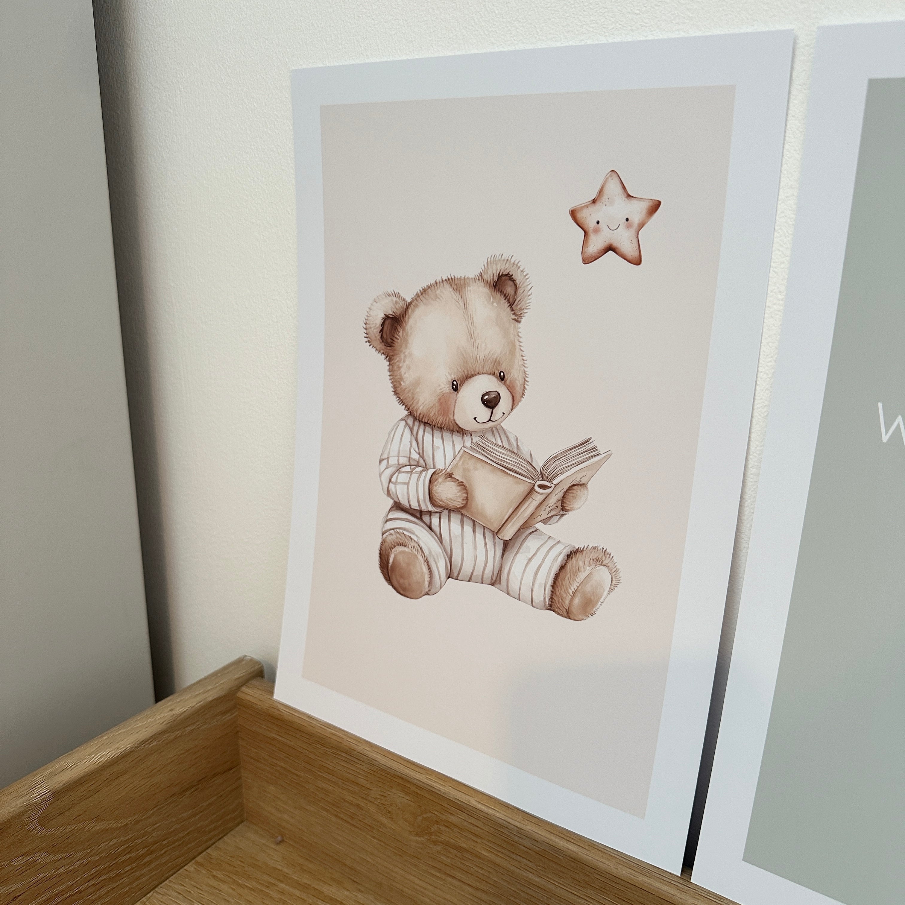 Reading Bedtime Bear Watercolour Nursery Children's Boho Netural Room Wall Decor Print-1