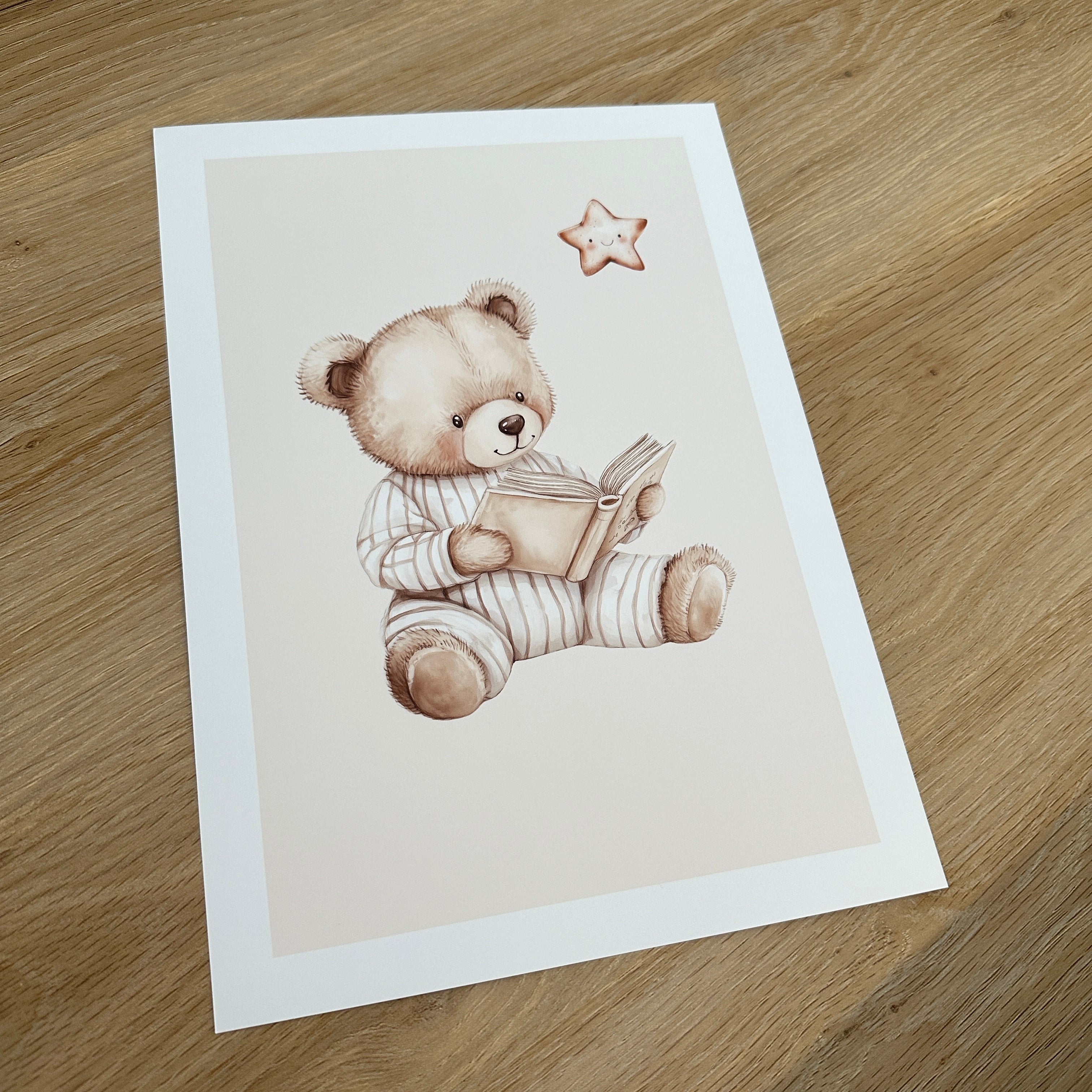 Reading Bedtime Bear Watercolour Nursery Children's Boho Netural Room Wall Decor Print-0