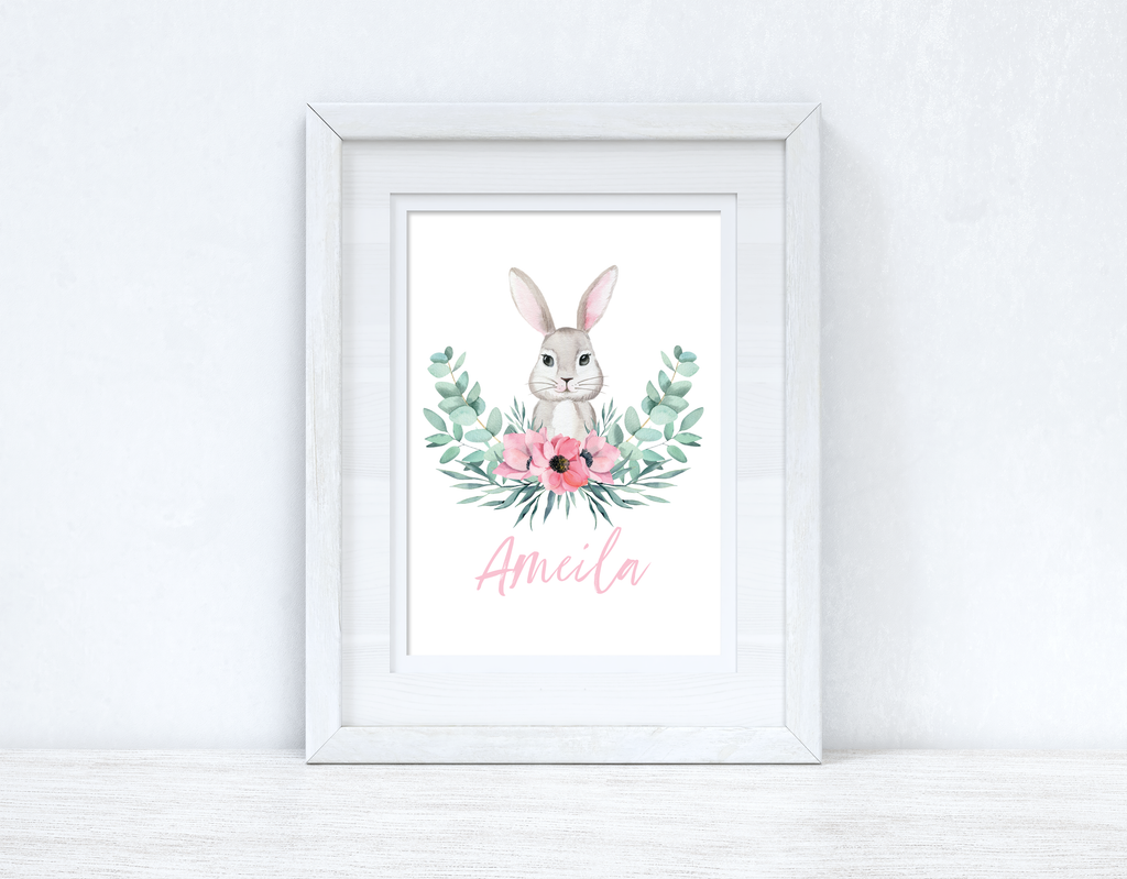 Personalised Pink Wording Floral Bunny Easter Spring Seasonal Wall Home Decor Print-1