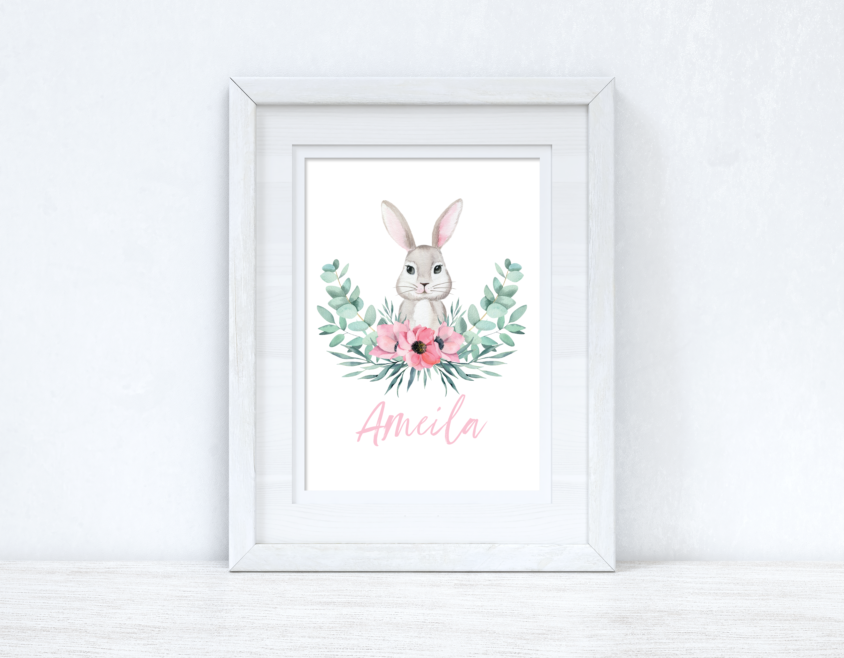 Personalised Pink Wording Floral Bunny Easter Spring Seasonal Wall Home Decor Print-1